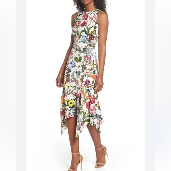 Maggy London botanical print CHARMEUSE Cold Shoulder midi dress asymmetrical 10 - Picture 1 of 17